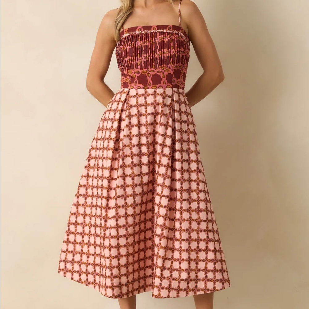 Smocked Bodice Pink Patterned Midi Dress from Red Dress - Picture 4 of 13